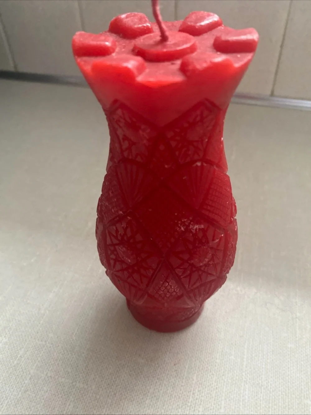 Vintage UNLIT Wax Candle Vase Shaped Red‎ Textured Patterned